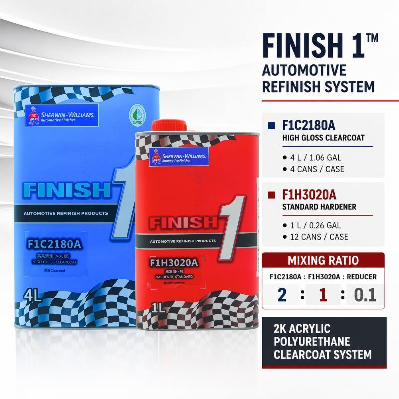 Sherwin-Williams Finish 1 F1C2180A VOC High Gloss 2K Automotive Clear Coat with F1H3020A Standard Hardener